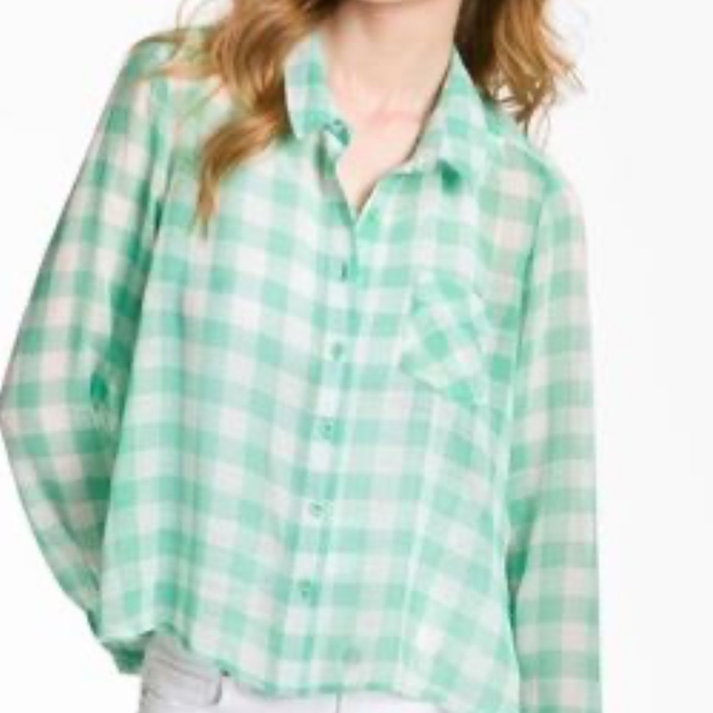 Free People | Green Checkered Button-Up Blouse | Small